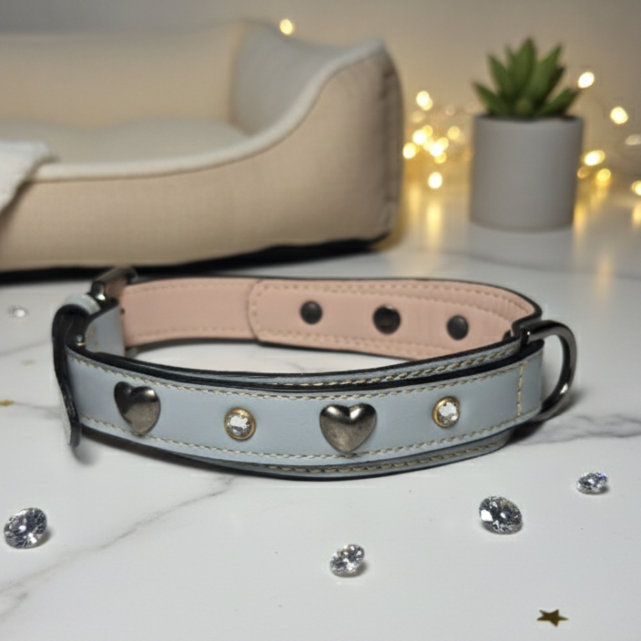 Set Collare con Cristalli e Guinzaglio in Pelle per Cani